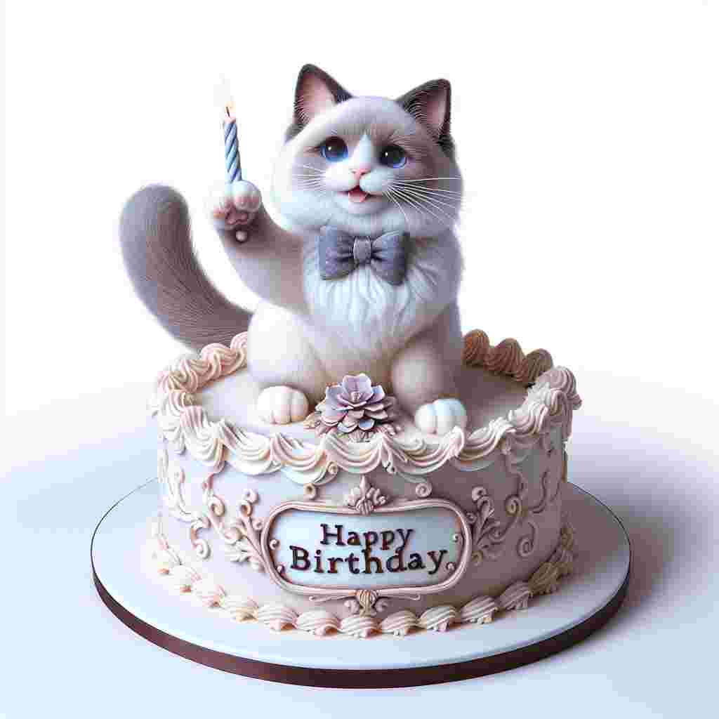 A whimsical ragdoll cat, adorned with a cute bow tie, sits in the middle of a cake with one paw playfully swiping at a candle. The cake is decorated with icing and the message 'Happy Birthday' is elegantly scripted along the cake's base.
Generated with these themes: Ragdoll Birthday Cards.
Made with ❤️ by AI.