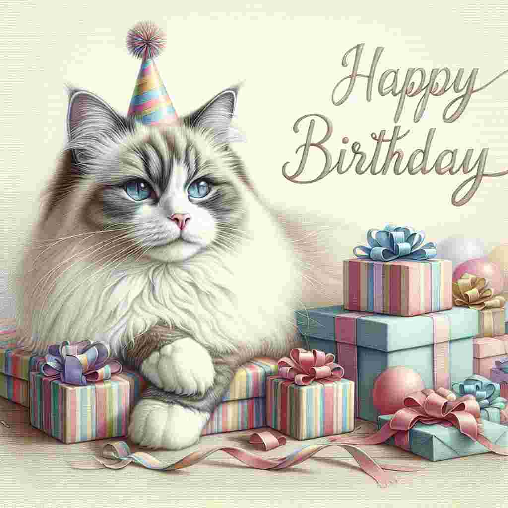The scene shows a serene ragdoll cat lounging atop a pile of presents, a tiny birthday hat perched jauntily on its head. Soft pastel decorations float around, and the gentle script text of 'Happy Birthday' gracefully arches above.
Generated with these themes: Ragdoll Birthday Cards.
Made with ❤️ by AI.