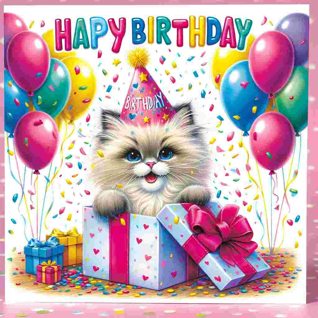 A colorful birthday card features a playful ragdoll kitten bursting out of a gift box with a party hat on its head. Confetti and balloons surround the scene, with the words 'Happy Birthday' written in cheerful, bold letters at the top.
Generated with these themes: Ragdoll Birthday Cards.
Made with ❤️ by AI.