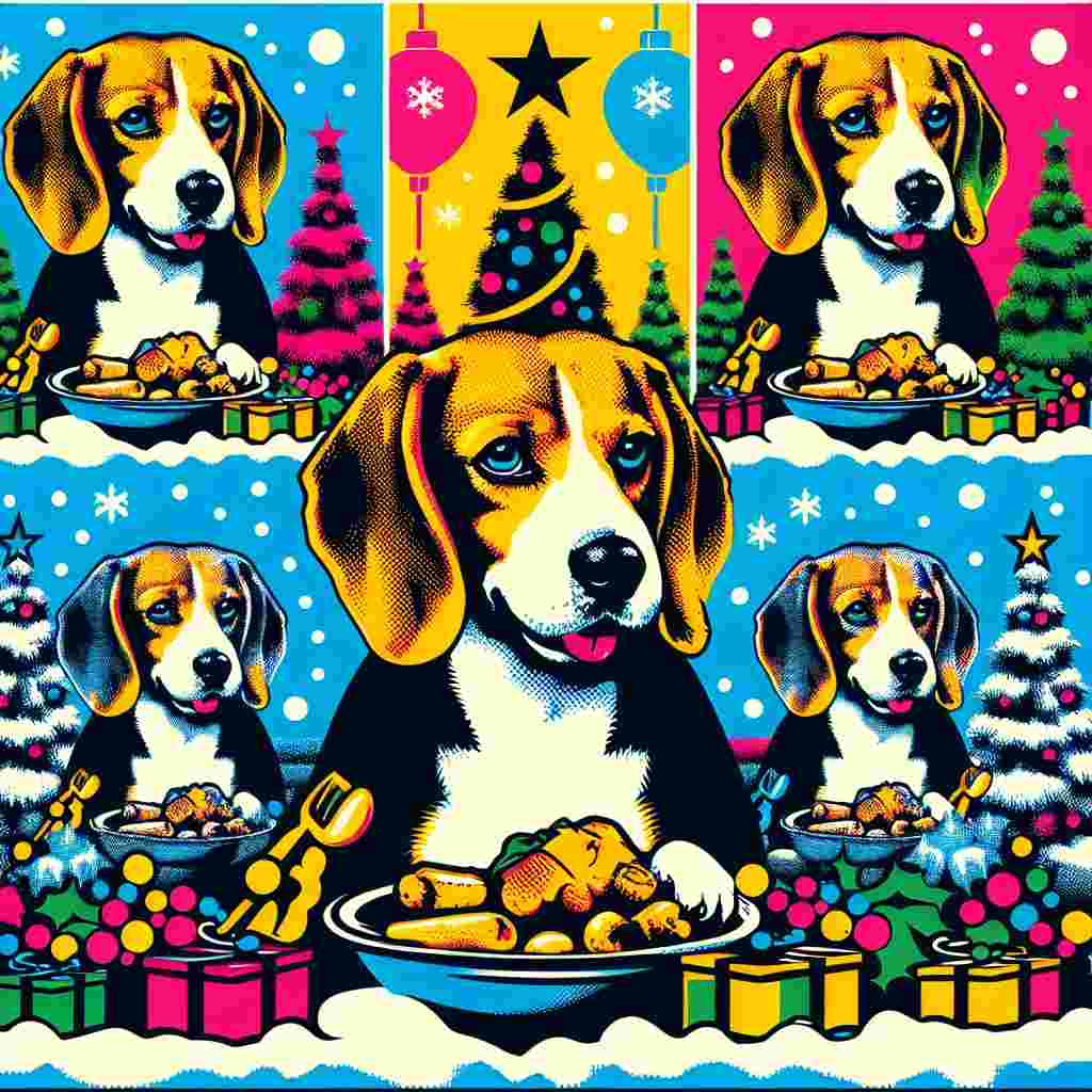 A vibrant Christmas-themed cute illustration showcases a charming beagle indulging in a festive meal. The style mimics Andy Warhol's signature pop art with bold colors and repeat silkscreen effects, with the beagle multiply rendered against a backdrop of snowflakes and Christmas decorations.
Generated with these themes: Beagle eating christmas dinner in the style of andy warhol .
Made with ❤️ by AI.