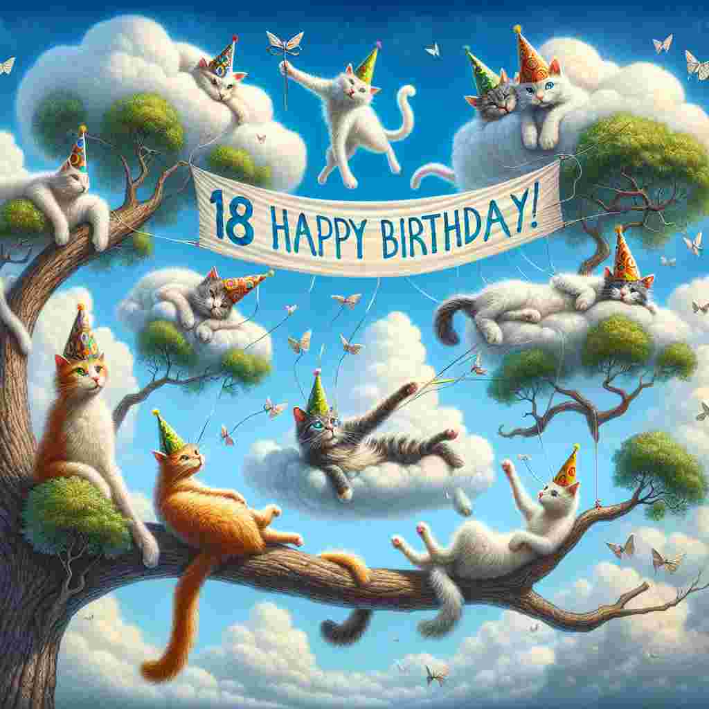 The scene shows a cozy outdoor birthday party under a sky with puffy clouds, with cats wearing party hats lounging on the branches of a tree. A banner flutters in the sky with the text '18 Happy Birthday!' while a group of cats curiously paw at the letters, adding a playful vibe to this endearing illustration.
Generated with these themes: Cats, and Clouds.
Made with ❤️ by AI.