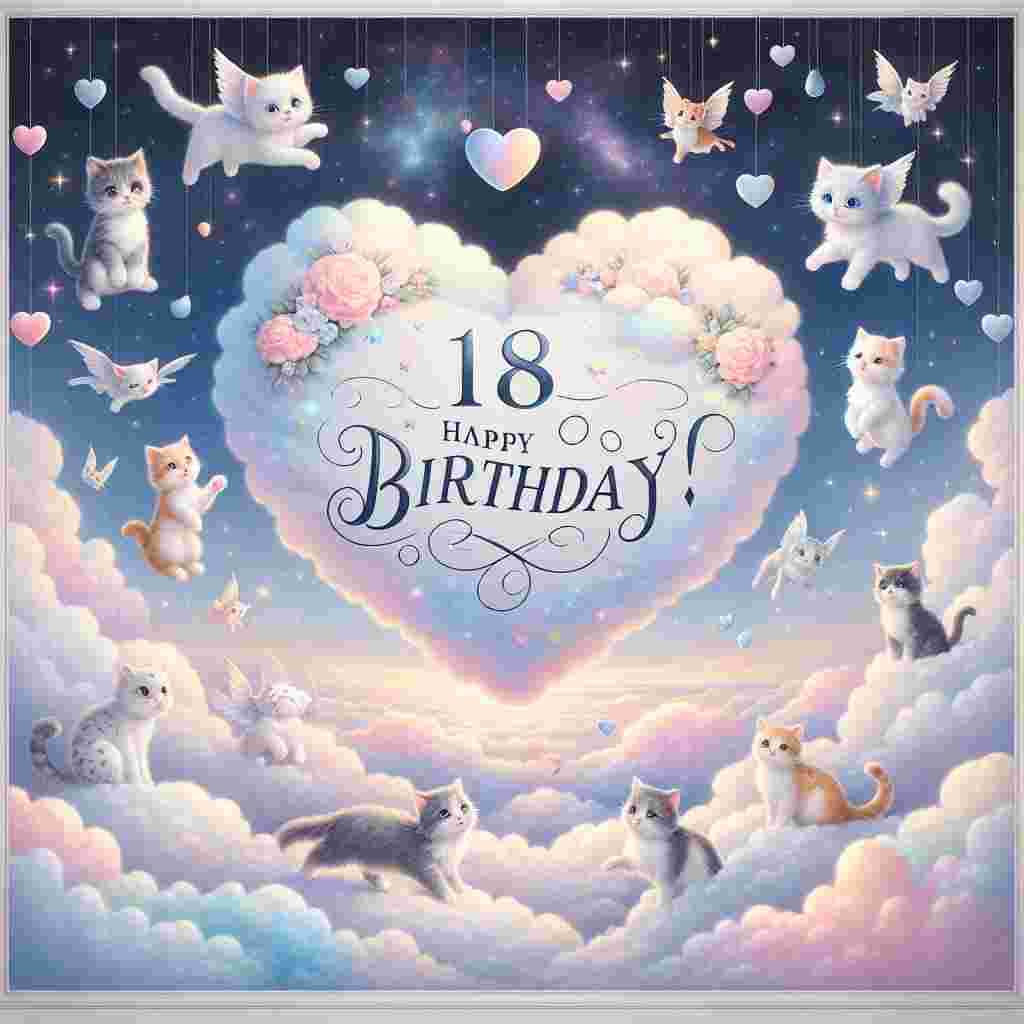 An adorable birthday scene is set within a fantasy world where cats ride on pastel-hued clouds that dot a sparkly twilight sky. A big, heart-shaped cloud in the center holds the festive inscription '18 Happy Birthday!' in stylish, cursive script, with kittens playfully swatting at the floating letters around them.
Generated with these themes: Cats, and Clouds.
Made with ❤️ by AI.
