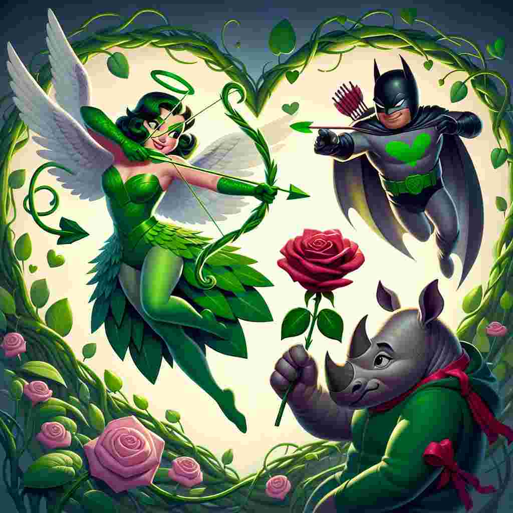 In a whimsically romantic Valentine's setting, a green-clad superheroine playfully ensnares a dark, bat-themed superhero with her emerald tendrils, sculpting them into a large, leafy heart that frames them both. Nearby, a feline figure, adorned with angelic wings and a cherubic quiver, aims a love-struck arrow towards a rhinoceros. The rhinoceros, adorned with a red ribbon and displaying a shy smile, presents a solitary rose with the dignity of a bashful admirer.
Generated with these themes: Batman & ivy, Cat, and Rhino.
Made with ❤️ by AI.