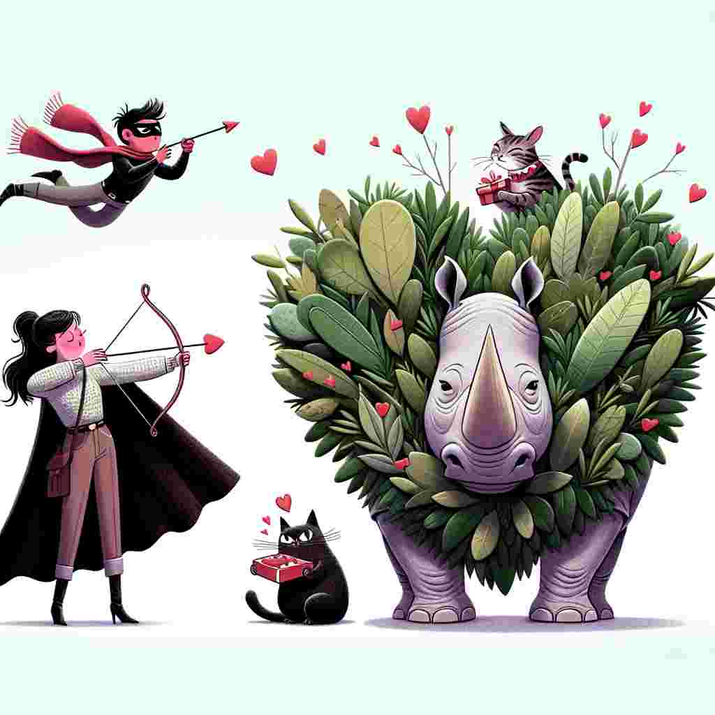 In a whimsical Valentine's Day scene, a masked vigilante in a black cape finds himself entrapped by a flirtatious woman's foliage, her plants forming the shape of a heart around him. To the side, a smitten domestic cat, accessorized with a miniature cupid's bow, mischievously winks while aiming an arrow at a blushing large African rhino. The rhino comically attempts to balance a box of chocolates atop its horn.
Generated with these themes: Batman & ivy, Cat, and Rhino.
Made with ❤️ by AI.