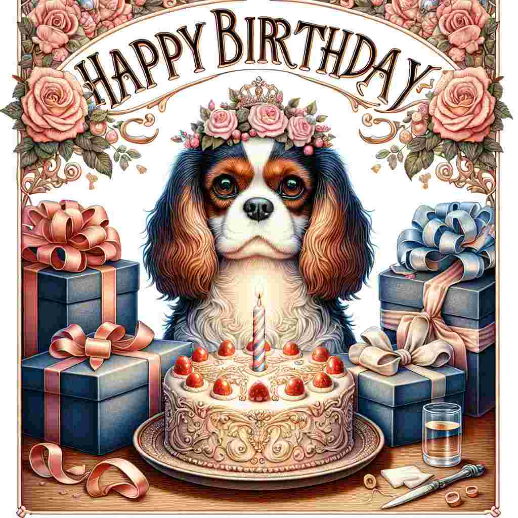 An adorable illustration showcases a Cavalier King Charles Spaniel sitting amidst a pile of gifts. Its eyes are wide with excitement, and a birthday cake topped with a single, lit candle sits in front of it. Above the charming scene, 'Happy Birthday' is scripted in elegant, cursive font.
Generated with these themes: Cavalier King Charles Spaniel  .
Made with ❤️ by AI.