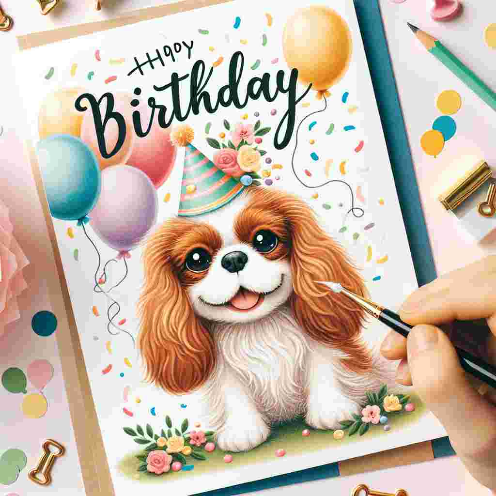 A whimsical birthday card features a fluffy Cavalier King Charles Spaniel wearing a party hat, surrounded by colorful balloons and confetti. The dog's wagging tail and joyful expression add life to the scene. Above the pup, the words 'Happy Birthday' are written in playful, bold letters with a slight arch.
Generated with these themes: Cavalier King Charles Spaniel  .
Made with ❤️ by AI.