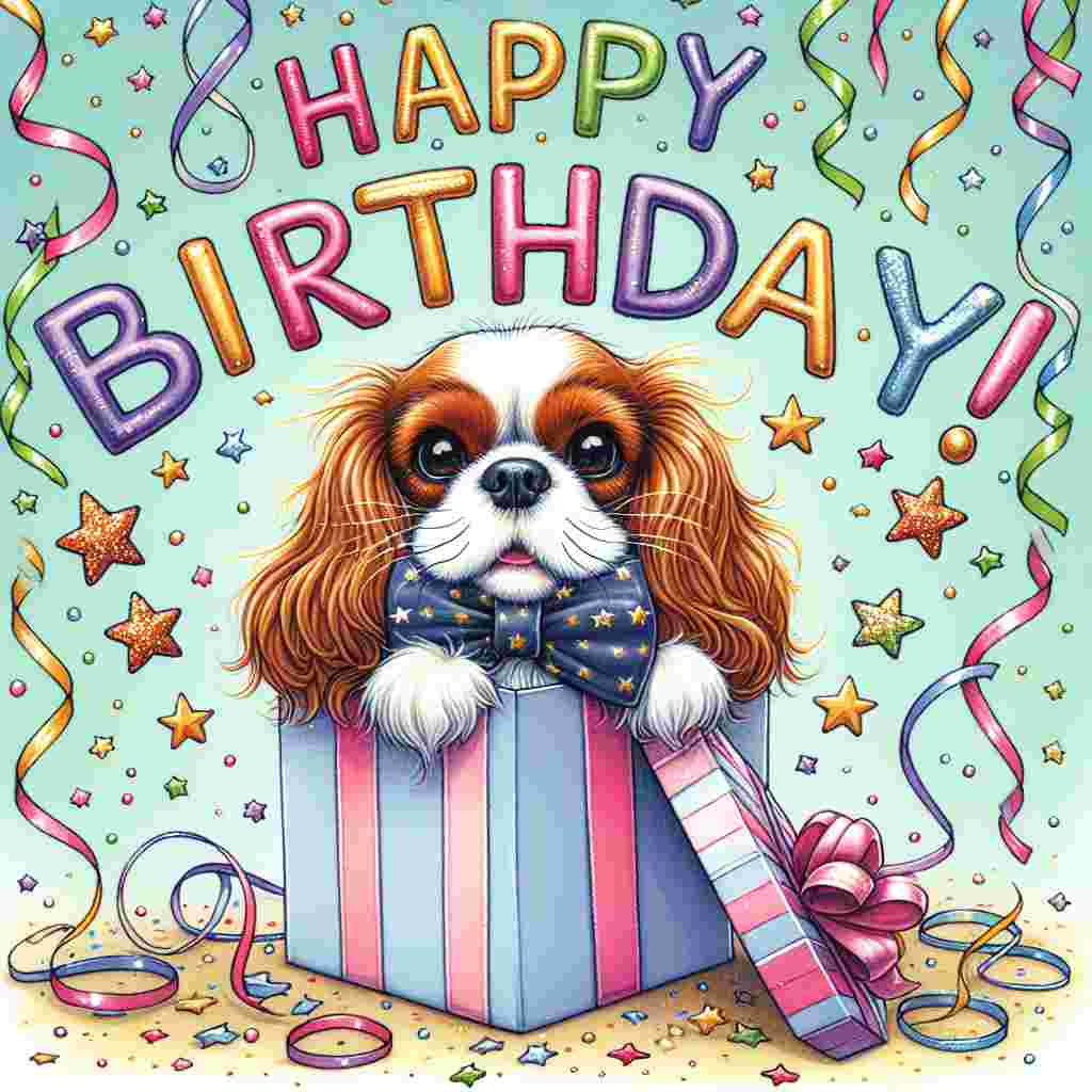 The scene depicts a Cavalier King Charles Spaniel with a cute bow tie, peeking out from behind a large gift box. The background is filled with pastel streamers and star-shaped glitter. 'Happy Birthday' is prominently displayed across the top in festive, balloon-like lettering.
Generated with these themes: Cavalier King Charles Spaniel  .
Made with ❤️ by AI.