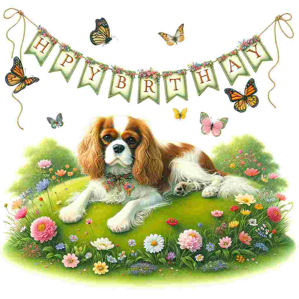 A serene garden party setting with a Cavalier King Charles Spaniel lying on a soft, grassy knoll, surrounded by butterflies and flowers. A banner above the dog reads 'Happy Birthday', each letter hanging from a string strung between two dainty trees.
Generated with these themes: Cavalier King Charles Spaniel  .
Made with ❤️ by AI.