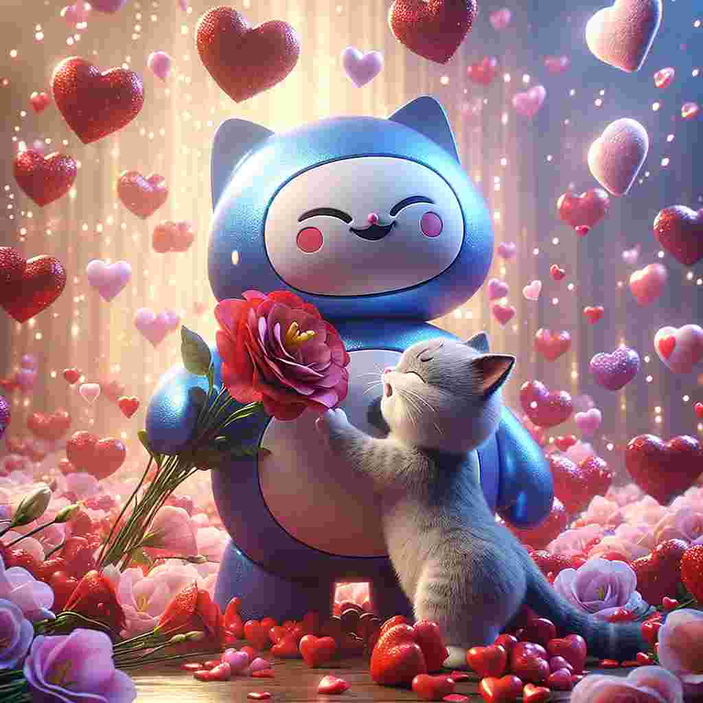 Visualize a scene featuring a chubby, blue cartoon robot cat floating amidst a flurry of floating red and pink hearts, radiant with Valentine's charm. The robot cat, painted with a cheeky smile, readies himself to surprise another cartoon feline with a tender hug. The surprised feline, looking pleasantly astounded, caresses a single lisianthus flower, its petals wonderfully harmonizing with the red and pink hearts that set the intimate atmosphere. The touching gesture envelops the scene with warmth, wrapping it in a soft, cozy embrace.
Generated with these themes: Doraemon , Cat, Lisianthus Flower, Hug , and Hearts .
Made with ❤️ by AI.