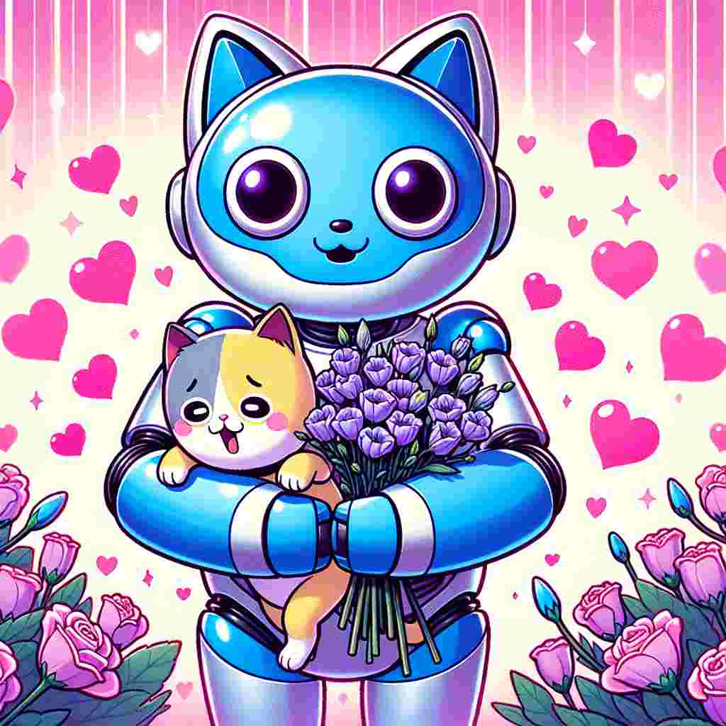 In the first variation, a friendly blue robotic cat, reminiscent of popular Japanese animated characters, anchors a heartwarming Valentine's Day scene. The backdrop pulsates rhythmically with soft pink hearts. In their hands, a bouquet of delicate lisianthus flowers strikes a contrast with their blue hue with its purple colors. A yellow cartoon cat, surprised yet delighted, finds itself gently scooped up into the arms of the blue robotic cat. The imagery encapsulates the warmth, the joy, the affection emblematic of this special occasion.
Generated with these themes: Doraemon , Cat, Lisianthus Flower, Hug , and Hearts .
Made with ❤️ by AI.
