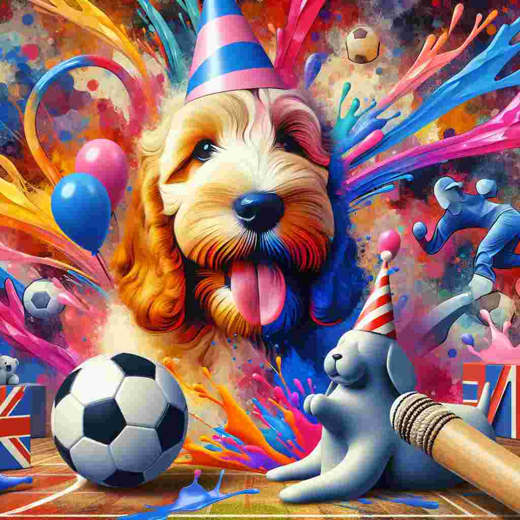 Imagine a whimsical and abstract birthday setting, characterized by vivid splashes of color that set the backdrop. The central focus is a golden cockapoo puppy with its tongue amusingly out, evoking a sense of fun and joy. This cheerful scene is emphasized with symbolic elements of English soccer, featuring a traditional football and a St George's Cross pattern. Dotted around the canine are abstracted outlines of cricket equipment, introducing a sporty twist to the celebration. Tucked into a corner is a caricatured baby walrus wearing a party hat, lending an unexpected yet delightful finishing touch to this spirited British birthday scene.
Generated with these themes: Gold cockapoo puppy with tongue out, England soccer, Cricket, and Baby walrus.
Made with ❤️ by AI.