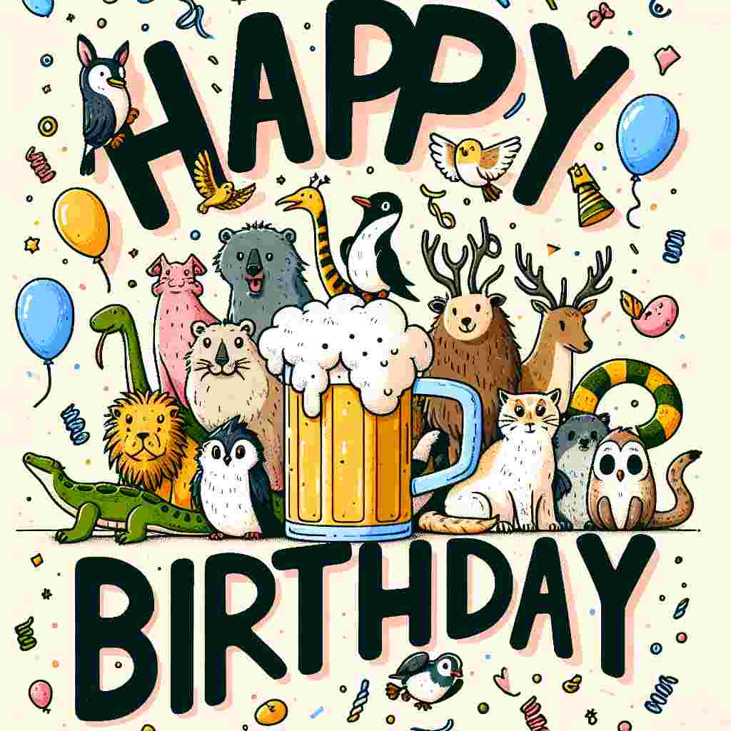 A whimsical birthday card featuring a group of cartoon animals gathered around a large, frothy mug of beer. Above them, 'Happy Birthday' is written in bold, cheerful lettering, with balloons and confetti accentuating the festive atmosphere.
Generated with these themes: beer  .
Made with ❤️ by AI.