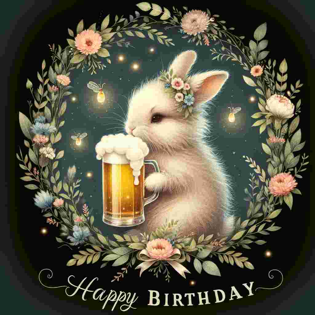 A vintage-style drawing of a cuddly rabbit holding a pint of beer, surrounded by a wreath of flowers and leaves. 'Happy Birthday' is elegantly scripted above, with little fireflies adding a magical glow to the scene.
Generated with these themes: beer  .
Made with ❤️ by AI.