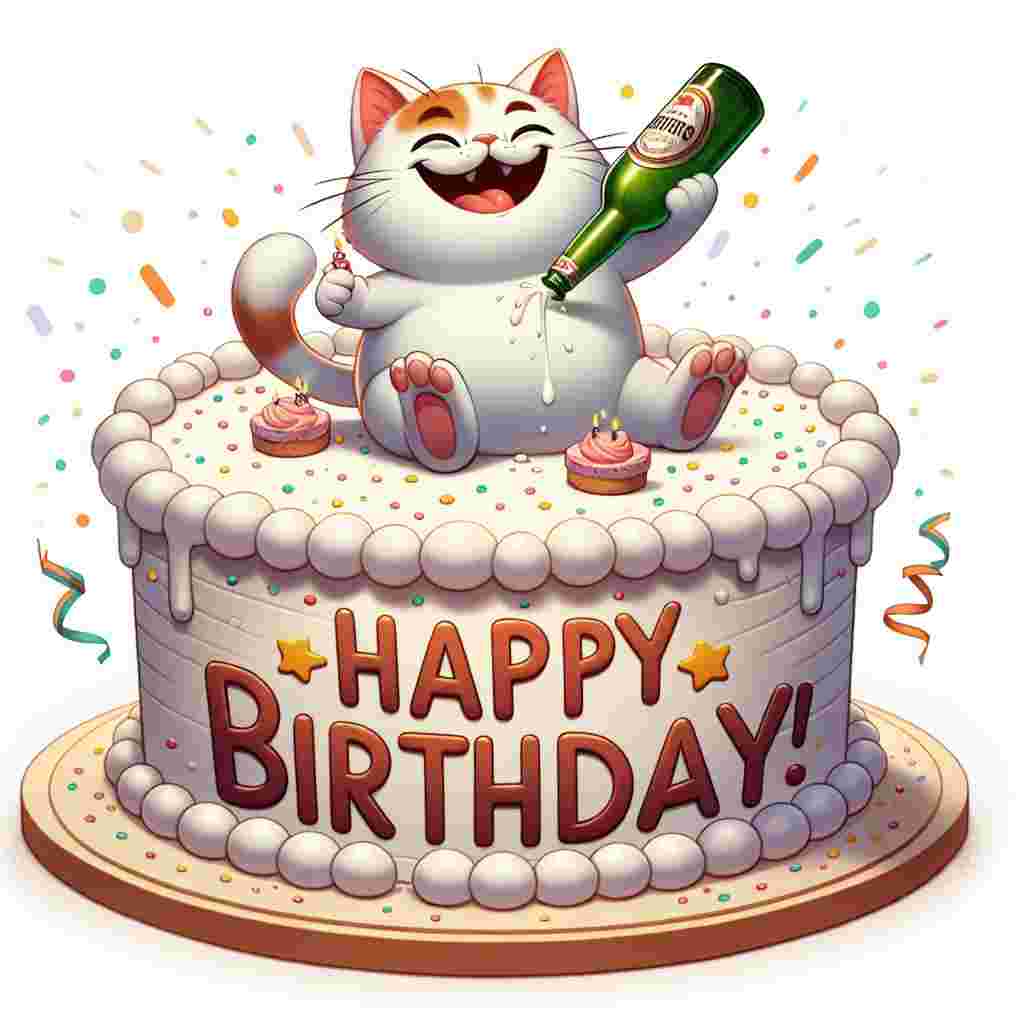 A cheeky cartoon of a cat raising a beer bottle in a toast, sitting atop a giant birthday cake. The words 'Happy Birthday' curve around the cake's base, with playful dots and streamers filling the rest of the space.
Generated with these themes: beer  .
Made with ❤️ by AI.