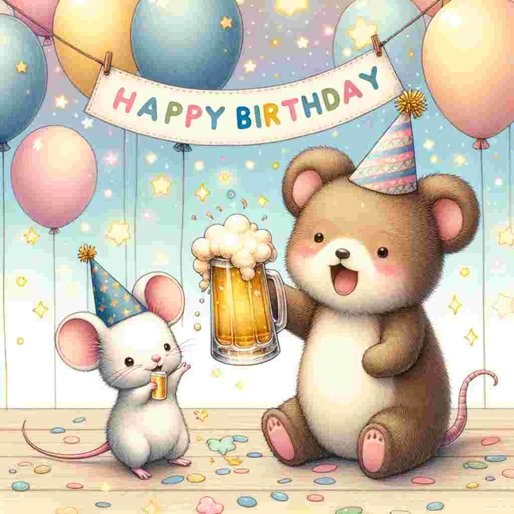An adorable illustration of a tiny mouse in a party hat, clinking a beer mug with a smiling bear. Behind them, a banner reads 'Happy Birthday', set against a backdrop of pastel balloons and stars.
Generated with these themes: beer  .
Made with ❤️ by AI.