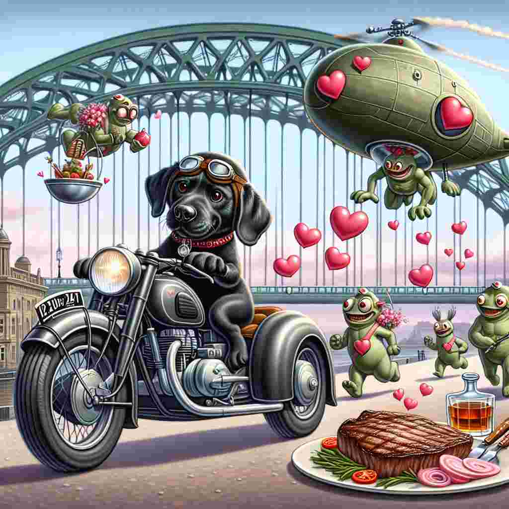 A whimsical cartoon scene set on Valentine's Day. Pictured is a charming black Labrador, dressed as a pilot, riding a sleek motorbike with a sidecar. Chasing the dog in a playful manner are cheerful extraterrestrial creatures with hearts in their eyes. In the sidecar, indulgent items like a bottle of whiskey and a platter with a perfectly cooked steak can be viewed. Adding to the romance of the scene is the Tyne Bridge, gracefully arching overhead, adorned with Valentine-themed decorations. A sturdy military helicopter, decorated with hearts, hovers in the sky above, completing the festive, humorous picture.
Generated with these themes: Black Labrador , Motorbike , Chinook, Whiskey, Star Wars , Aliens, Tyne bridge, and Steak.
Made with ❤️ by AI.