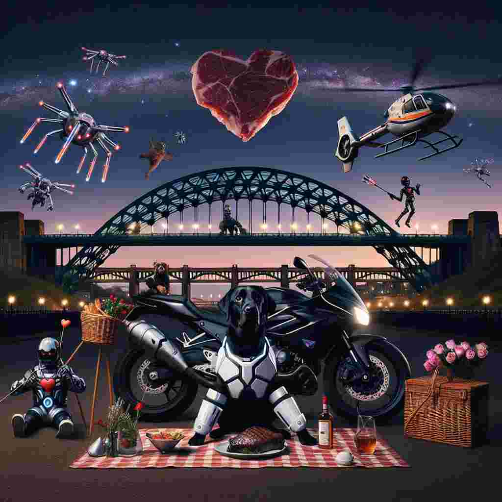 Create an image set during the night with the Tyne Bridge as the central backdrop, studded with stars forming shapes reminiscent of popular science fiction franchises. In the foreground, a black Labrador dressed in white futuristic armor sits proudly on a motorbike, which is decorated with heart-shaped garlands. A picnic is set up beside the bike with a prominent steak centerpiece and a bottle of fine liquor. A dual-rotor helicopter decorated with arrow motifs splits the night sky overhead. Nearby, playful fictional extraterrestrial beings, some holding roses, levitate closeby, celebrating the universal sentiment of love, referencing Valentine's Day.
Generated with these themes: Black Labrador , Motorbike , Chinook, Whiskey, Star Wars , Aliens, Tyne bridge, and Steak.
Made with ❤️ by AI.