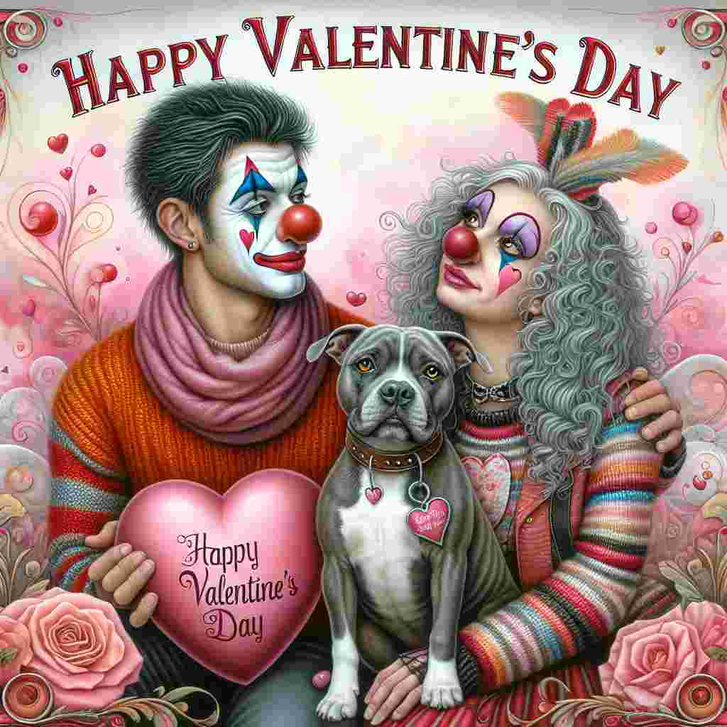 Create a whimsical image representing Valentine's Day, showing a sweet scene where a Caucasian male clown and a Hispanic female clown, both with grey hair, exchange loving looks indicating their deep affection for each other. They stand beside an adorable Staffordshire Bull Terrier that wears a heart-shaped tag, gazing up at the couple with eyes full of loyalty. The background is abstract, featuring swirls of pink and red. Above them, the festive message 'Happy Valentine's Day' is presented in a decorative font filled with flourishes. This image illustrates a picture of love and companionship.
Generated with these themes: Staffordshire bull terrier, Male and female clown with grey hair in love, and Happy valentintes day .
Made with ❤️ by AI.