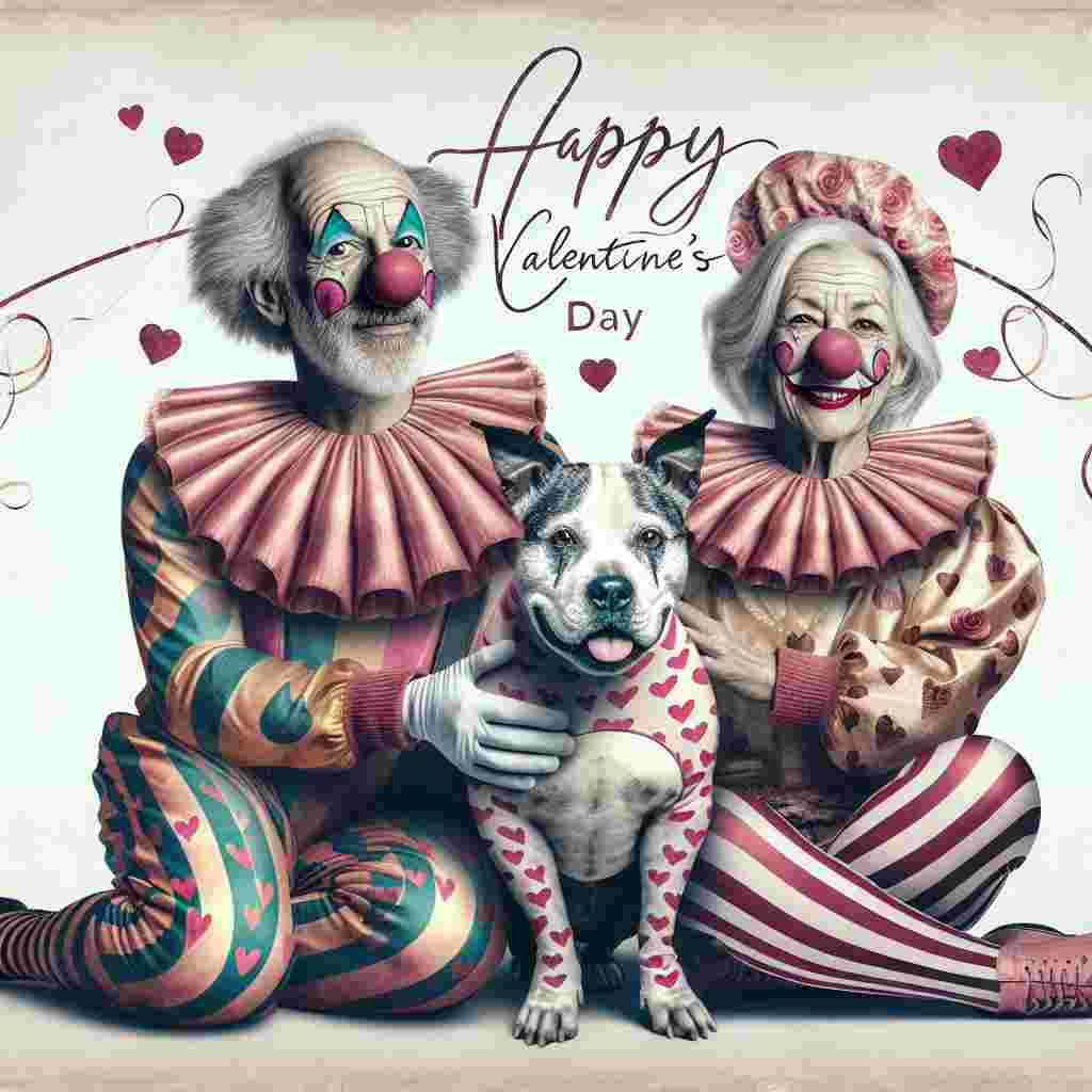 Create an abstract Valentine-themed image with two elderly clowns, one male and one female, both with grey hair and expressive faces full of joy and laughter. They are hand in hand, their costumes patterned with hearts, representing a unique and enduring love that is both funny and genuine. A Staffordshire Bull Terrier, marked with a coat of Valentine's hues, sits between them with a adoring expression. Above this romantic and quirky scene, the phrase 'Happy Valentine's Day' arcs gracefully, written in elegant script, acknowledging their unconventional yet sincere love on this special day of love and affection.
Generated with these themes: Staffordshire bull terrier, Male and female clown with grey hair in love, and Happy valentintes day .
Made with ❤️ by AI.