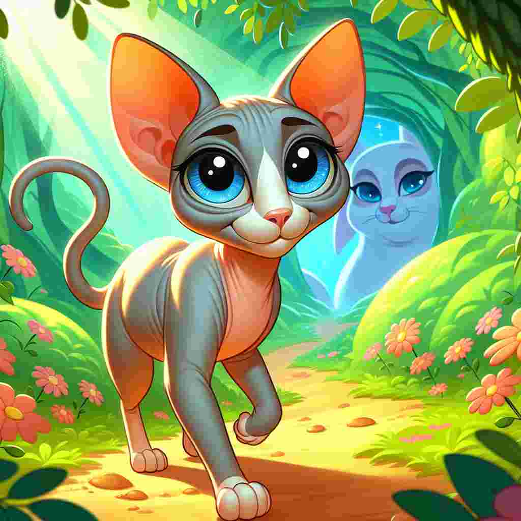 Enter a captivating cartoon world where a slender adult Sphynx Cat grabs the attention. This enchanting feline beams with an awe-inspiring look. Its hairless grey coat starkly opposes the lush and bright background. Its deep blue eyes are filled with wisdom and a twinkling hint of playfulness that draws everyone into the delightful atmosphere of the cartoon.
.
Made with ❤️ by AI.