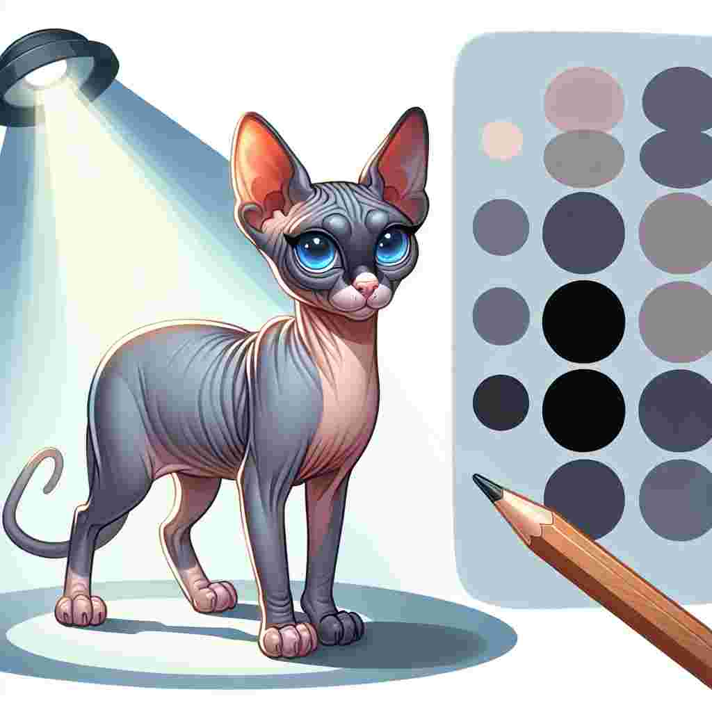 Create a whimsical cartoon image of an adult Sphynx cat. Give the feline a sleek and slender physique to demonstrate its agility. Its skin should be hairless and glisten with hues of grey under a spotlight that adds a tinge of humor to the scene. Let its large, radiant blue eyes exhibit a blend of mischief and curiosity, making it the star of the scene.
.
Made with ❤️ by AI.