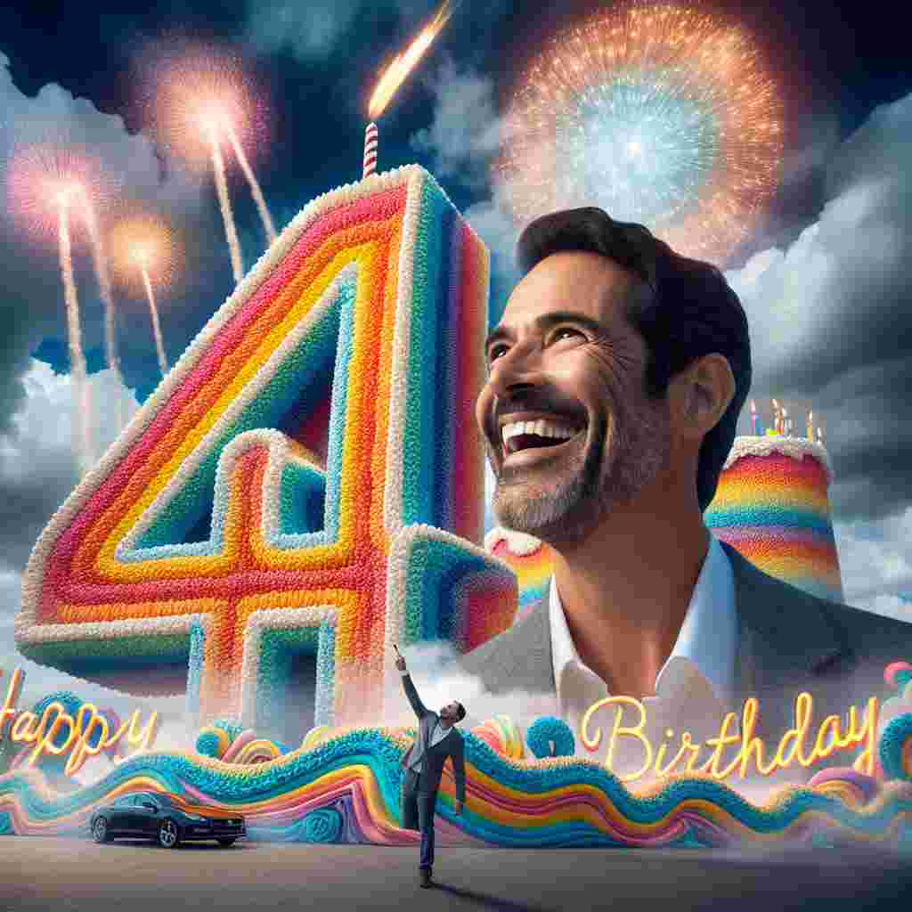 A charming illustration depicting a man smiling broadly in front of a large '40th' shaped like a cake covered in colorful icing, with 'Happy Birthday' elegantly written in the sky as fireworks explode in the background.
Generated with these themes: 40th   for him.
Made with ❤️ by AI.