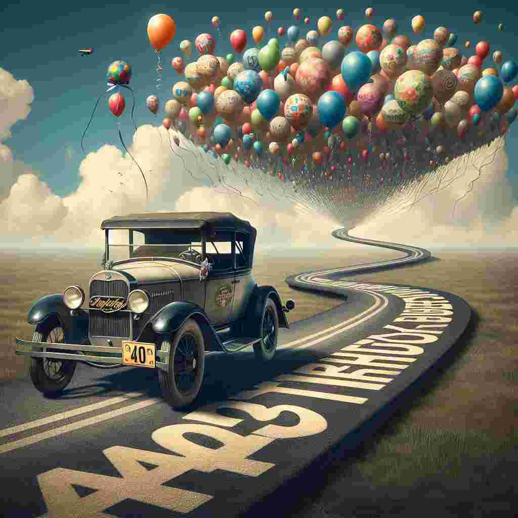 An adorable image of a vintage car with a '40' license plate, ready to embark on an adventure, a path made of the 'Happy Birthday' message leading into the horizon under a sky filled with whimsical party hats floating like balloons.
Generated with these themes: 40th   for him.
Made with ❤️ by AI.