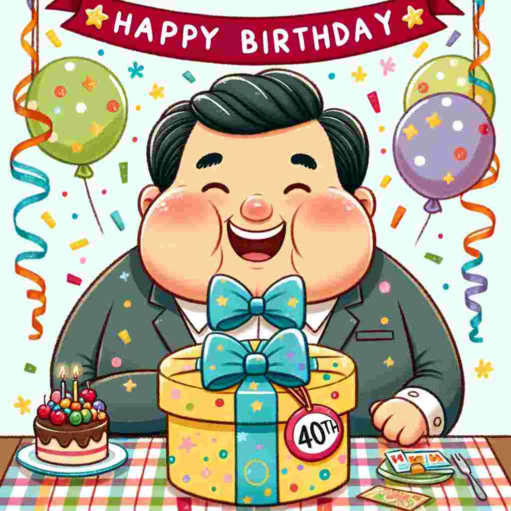 A cute, cartoonish man seated at a festooned table, the centerpiece being a grandiose present with a '40th' tag, while above him, the words 'Happy Birthday' are hung as a banner surrounded by confetti and streamers.
Generated with these themes: 40th   for him.
Made with ❤️ by AI.