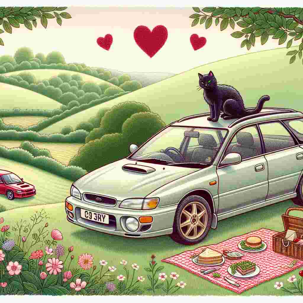 An endearing illustration of Valentine's Day set in the picturesque English countryside. A light silver estate car, akin to a Subaru Impreza, is parked on a verdant hill. A black cat is seen leisurely perched on top of the car, vigilantly observing the happenings of a romantic picnic sprawled out on a red and white checkered blanket nearby. The scenery is surrounded by undulating hills and flourishing flowers, offering a tranquil and affectionate ambiance.
Generated with these themes: Light silver subaru impreza estate , English countryside, Black cat, and Picnic.
Made with ❤️ by AI.
