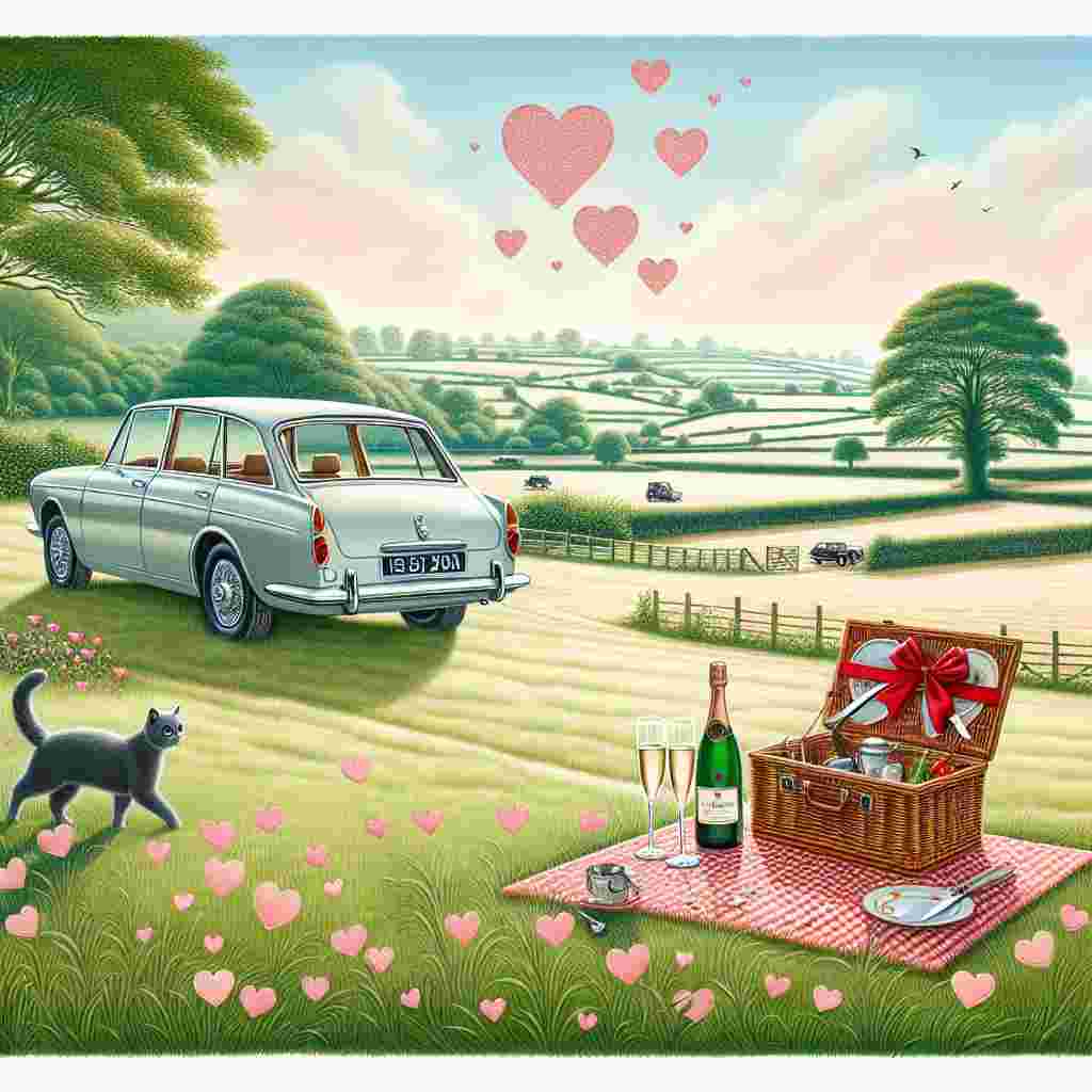 A beautifully composed Valentine's Day themed illustration of the peaceful English countryside. The scene reveals a light silver estate car of an unspecified brand parked by the edge of a lush field. Adjacently, a romantic picnic is evident with its key item being a bottle of champagne along with two accompanying glasses. There's also a playful touch added by a black cat merrily engaging with the ribbons of a picnic basket. The expansiveness of the sky is shown to be saturated with lovely hearts, enhancing the charm of the idyllic setting.
Generated with these themes: Light silver subaru impreza estate , English countryside, Black cat, and Picnic.
Made with ❤️ by AI.