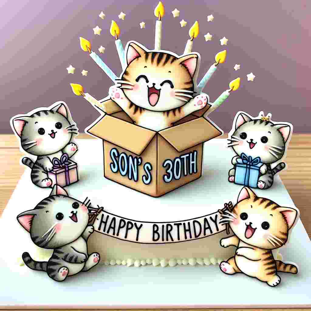 A playful illustration of a birthday scene on a cake topper, where a group of kittens are throwing a surprise party. One mischievous kitten pops out of a gift box with a tag saying 'son's 30th' while others hold up a banner with 'Happy Birthday' written across it.
Generated with these themes: son 30th  .
Made with ❤️ by AI.