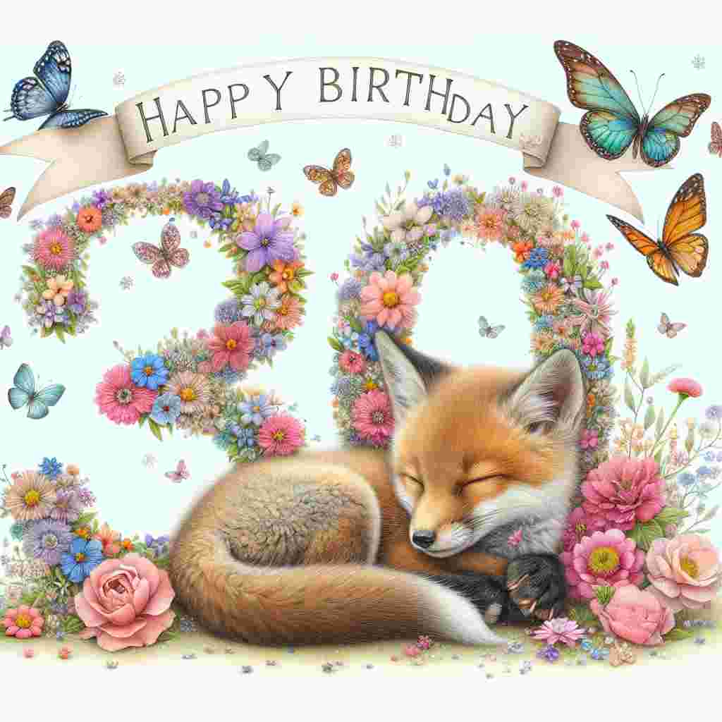 A soft pastel drawing on a birthday invitation, showcasing a sleeping baby fox cuddled up with the number '30' shaped out of flowers. Butterflies flutter around and a banner above reads 'Happy Birthday' in cursive letters with subtle sparkle accents.
Generated with these themes: son 30th  .
Made with ❤️ by AI.