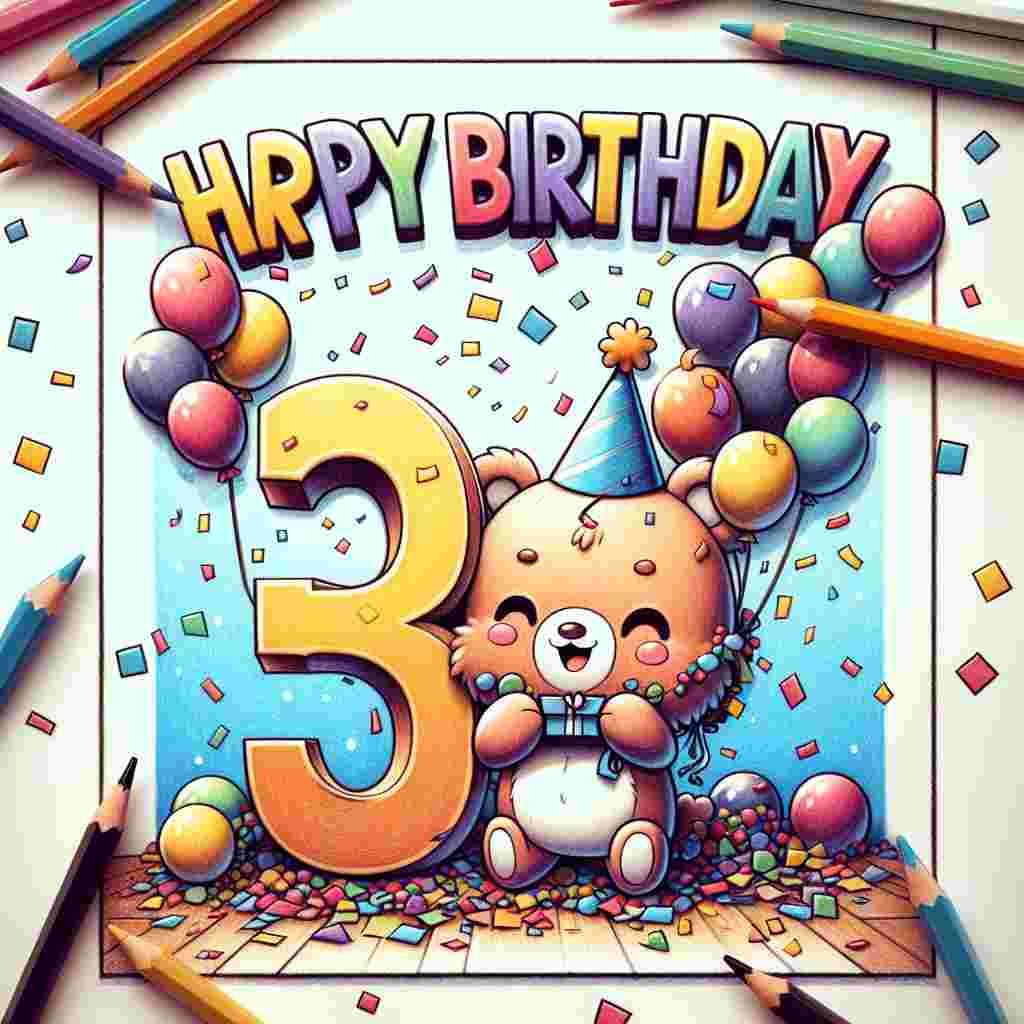 A cartoon-style birthday card featuring a jolly little bear wearing a party hat and hugging a large number '30' decorated with colorful balloons. Confetti is scattered all around, and the words 'Happy Birthday' are boldly printed at the top of the scene.
Generated with these themes: son 30th  .
Made with ❤️ by AI.
