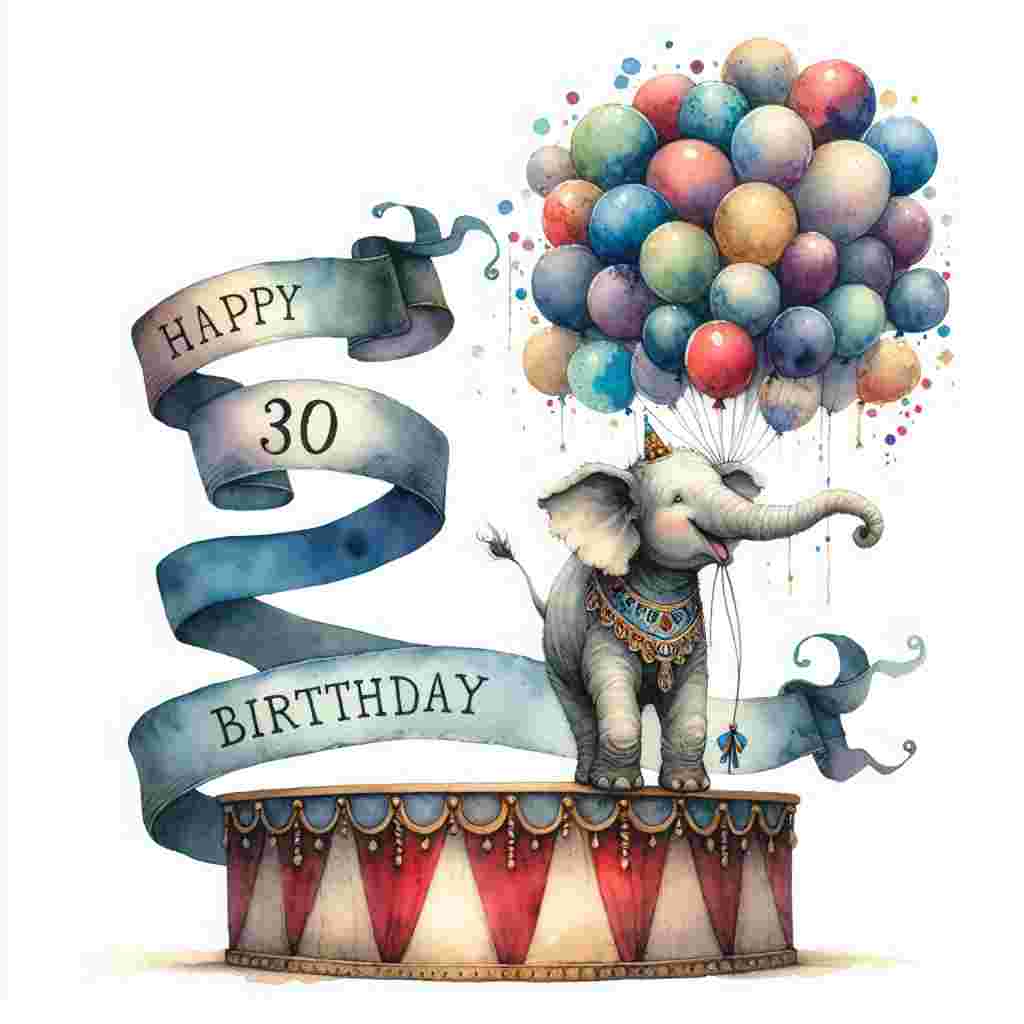 A whimsical watercolor illustration for a birthday postcard where a cheerful elephant stands on a circus podium, balloons tied to its trunk highlighting the number '30'. A ribbon encircles the elephant, with 'Happy Birthday' elegantly inscribed along its folds.
Generated with these themes: son 30th  .
Made with ❤️ by AI.