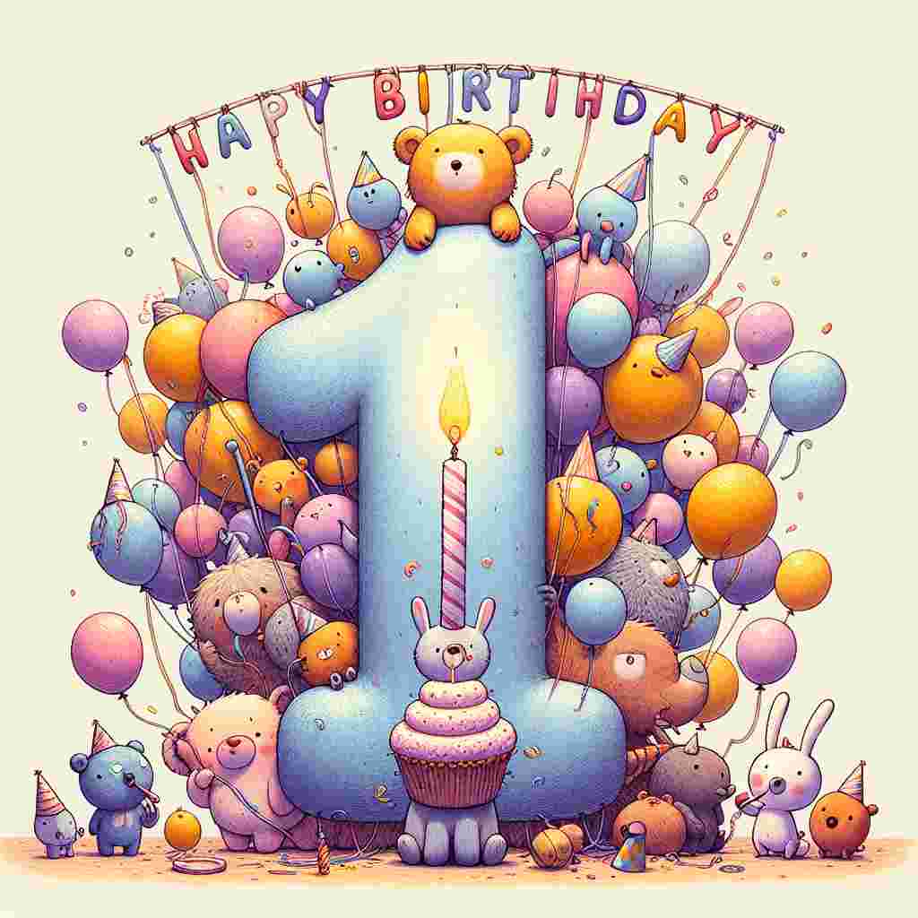 A whimsical illustration featuring a group of cartoon animals gathered around a large '1' decorated with colorful balloons and streamers. A little bear wearing a party hat blows a noisemaker while a bunny holds a cupcake with a single lit candle. 'Happy Birthday' is written in playful, bubbly letters above the scene.
Generated with these themes: 1st kids  .
Made with ❤️ by AI.