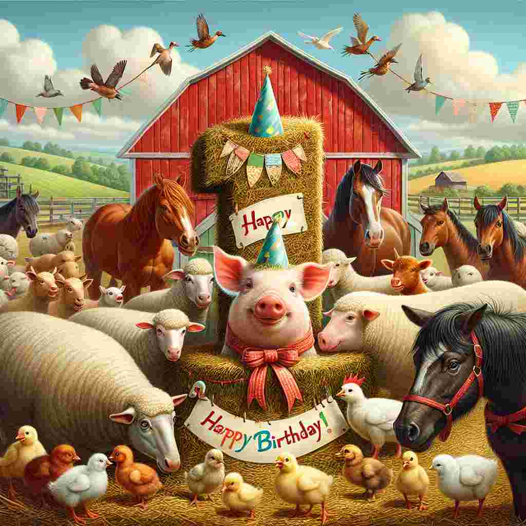 A charming countryside setting where a collection of farm animals are celebrating a first birthday. The animals stand around a big '1' hay bale, festooned with ribbons and a red barn in the background. A piglet wearing a birthday hat is unveiling a 'Happy Birthday' sign, with chicks and ducklings eagerly looking on.
Generated with these themes: 1st kids  .
Made with ❤️ by AI.