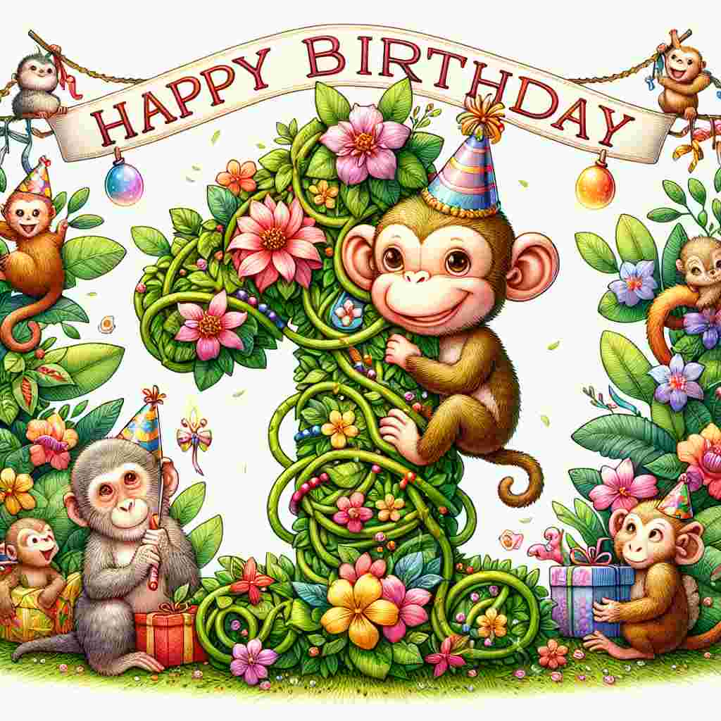 An endearing scene where a cheerful monkey in a party hat is perched atop a giant number '1' made of greenery and flowers. Surrounding the number are friendly jungle animals, each holding a birthday-themed item. A banner with the words 'Happy Birthday' sways gently above them with vines wrapping around the letters.
Generated with these themes: 1st kids  .
Made with ❤️ by AI.