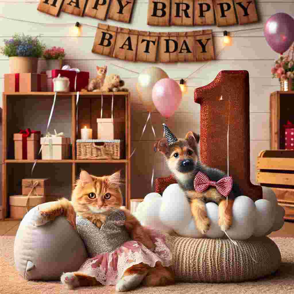 A cozy indoor scene depicting a kitten in a party dress sitting beside a number '1' shaped pillow. A puppy wearing a bow tie is peeking from behind the number with a balloon tied to its tail. Shelves in the background display gifts and a garland, with 'Happy Birthday' etched on a wooden sign hanging from the ceiling.
Generated with these themes: 1st kids  .
Made with ❤️ by AI.