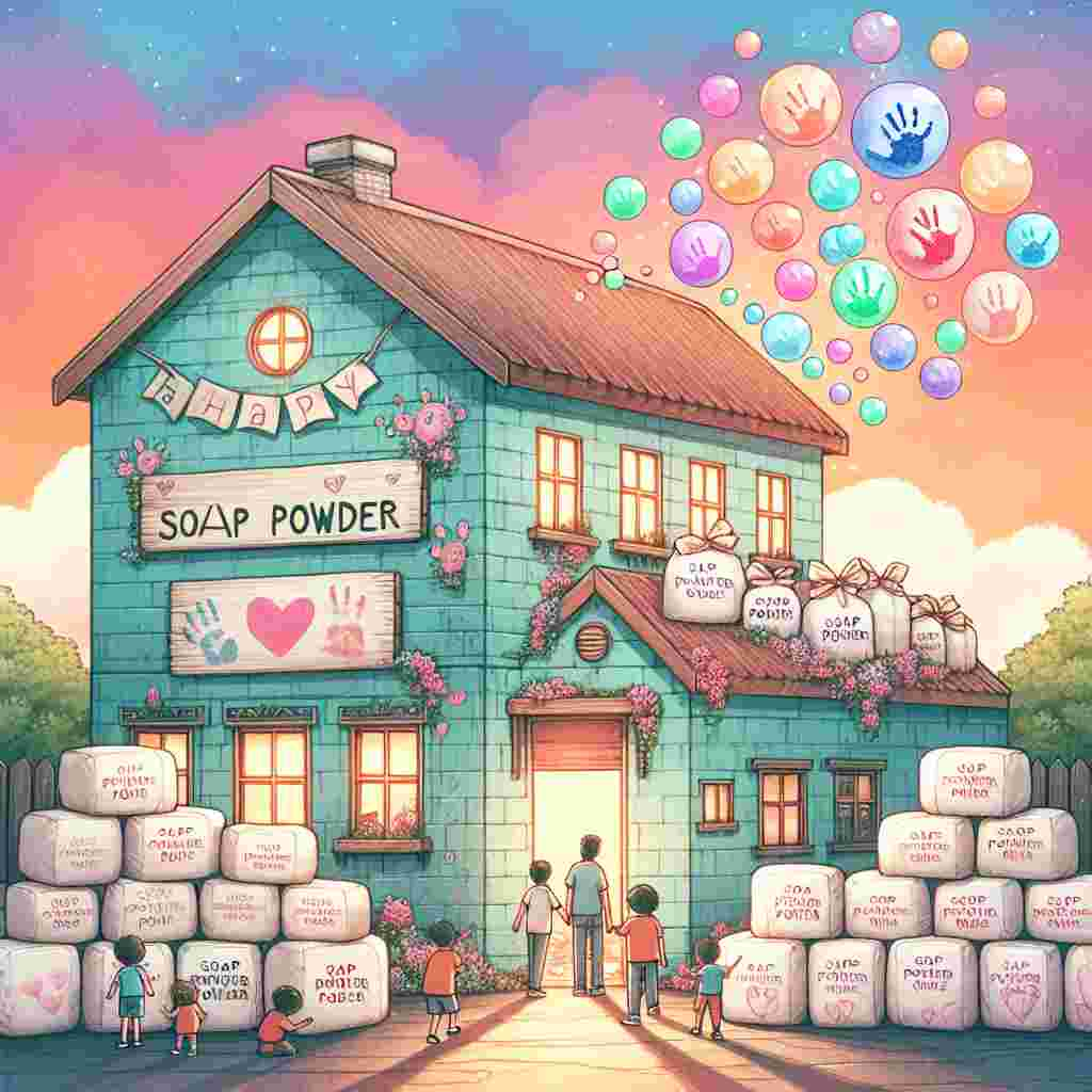 Create a charming illustration with a theme of Father's Day featuring a quaint soap powder factory bathed in the soft glow of a sunset. The factory's exterior walls are playfully adorned with children's drawings and handprints as a tribute to their fathers. Stacks of soap powder bags are arranged outside in a manner that they resemble a pile of gifts. Colorful bubbles drifting across the sky, encapsulating small, happy moments between children of varying descents and their fathers, such as a shared laugh or a secret handshake, subtly emphasizing paternal love and care.
Generated with these themes: Soap powder factory .
Made with ❤️ by AI.