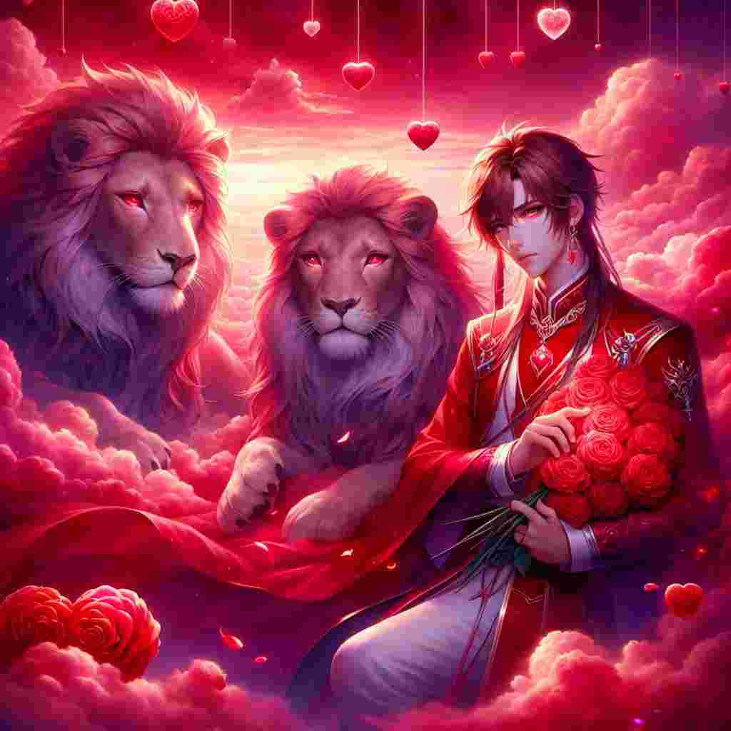 A serene Valentine's scene bathed in dreamlike qualities, where twin lions rest amidst drifting crimson clouds spanning across a sky painted in ruby red. In the midst of this, a character with brown hair, piercing blue eyes stands next to the lions symbolizing their protector and sibling. He's adorned in vibrant red robes, signifying his fondness for this passionate color. In his clutch, he holds a bouquet of heart-shaped roses that give off a surreal aura and glow brilliantly in an otherworldly manner.
Generated with these themes: Lions, Brother called will, Brown hair blue eyes, and Favourite Color is red.
Made with ❤️ by AI.