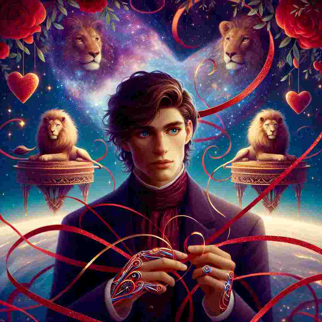 In a fantastical Valentine's themed universe from another dimension, celestial lions composed of stardust lounge leisurely on levitating platforms shaped like hearts. At the heart of the scene, a character with cascading brown hair and captivating blue eyes, identified as Will, stares untiring into the expanse. His fingers are entwined with slender crimson ribbons that echo his preferred hue, and those interlace through the scene, metaphorically linking the concepts of affection, power, and familial ties.
Generated with these themes: Lions, Brother called will, Brown hair blue eyes, and Favourite Color is red.
Made with ❤️ by AI.