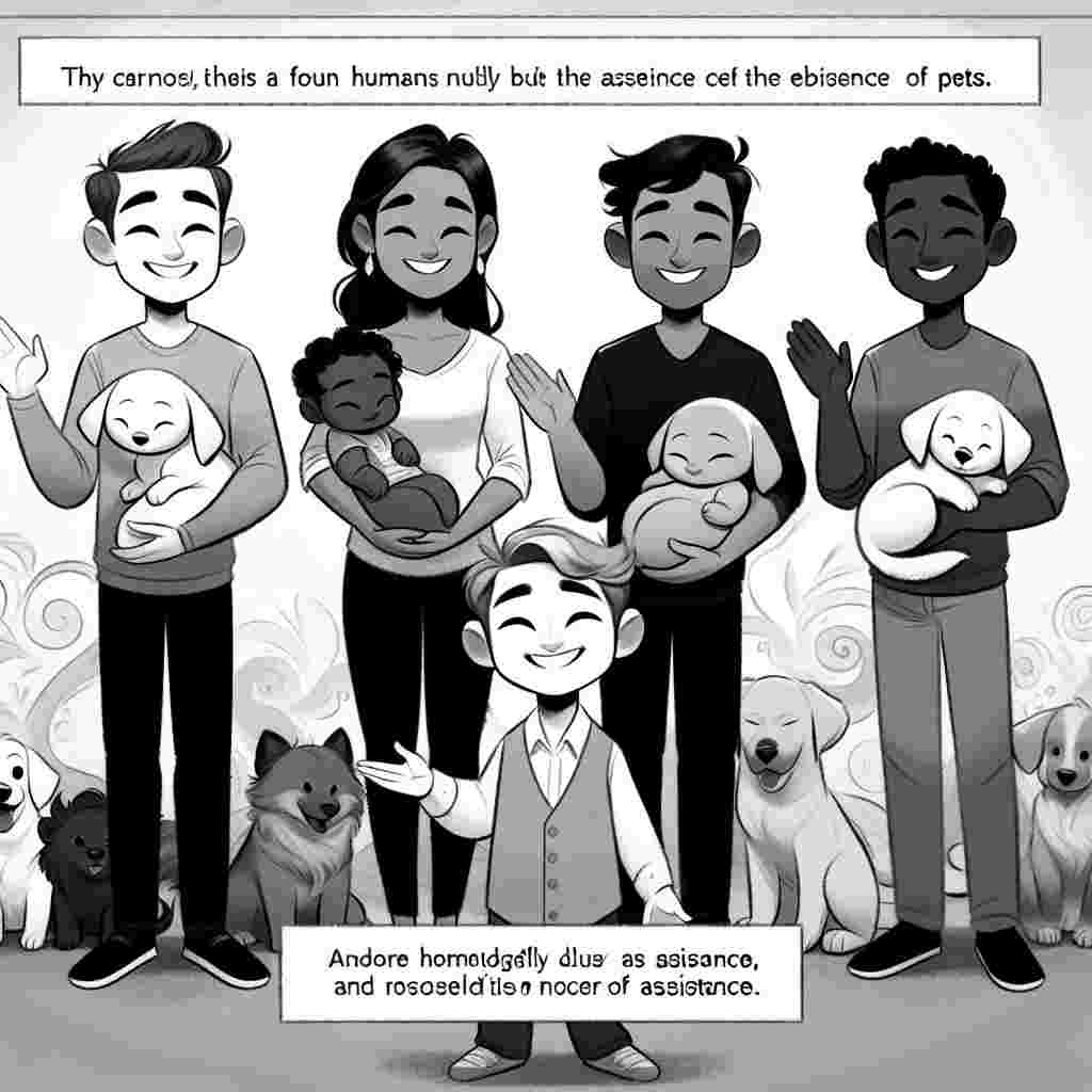 Create a whimsical and joy-filled grayscale image of a cartoon character. This character gently declines assistance, emphasizing the image's focus on four humans. These individuals vary in descent: one is Caucasian, the second person is Hispanic, the third is Middle-Eastern, and the fourth is South Asian. They all wear distinct attire that adds character to the scene, but no pets are featured in the tableau. The cartoon figure explains the absence of pets and confirms the monochrome palette of the image with a soft apology.
.
Made with ❤️ by AI.
