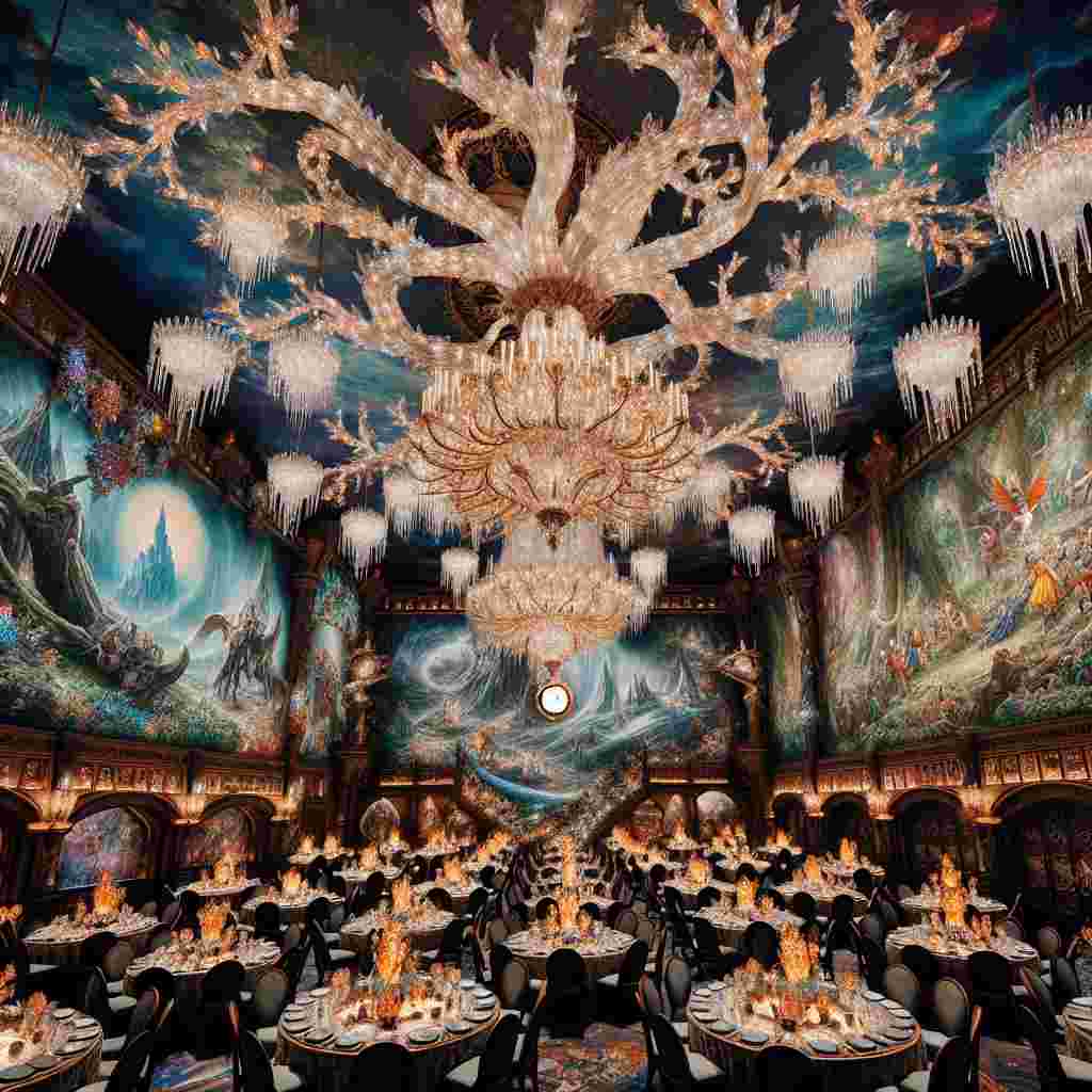 A breathtaking banquet hall is adorned with chandeliers, which have metamorphosed into luminous, crystal Ents, their branches reaching out across the magical ceiling like an enchanted forest. The walls are adorned with a succession of intricate tapestries that tell a story, merging scenes inspired by popular animation aesthetics with the epic journey through a fantasy world not unlike Middle-Earth. Tables laden with books are scattered across the room, from which figurations resembling animated characters appear to spring into reality, joining in a heartfelt toast as the clock heralds the arrival of the New Year with an extraordinary, yet tangible sense of harmony.
Generated with these themes: Lord of the rings, Anime, and Books.
Made with ❤️ by AI.