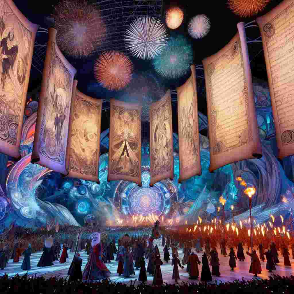 Within a magical New Year's celebration, a large hall is decorated with gigantic, dreamlike pages from famed, ancient texts, suspended like timeless banners above. A perceivable blend of high-fantasy and vintage animation styles dominates the scene, mystical structures intertwined with futuristic, robotic-inspired decor. Participants in festivities, some robed as wizard-like figures with long, flowing garments and staffs and others dressed in vivid, stylized costumes reminiscent of traditional animation characters, revel under a sky filled with fireworks that explode into depictions of iconic scenes from age-old comic art.
Generated with these themes: Lord of the rings, Anime, and Books.
Made with ❤️ by AI.