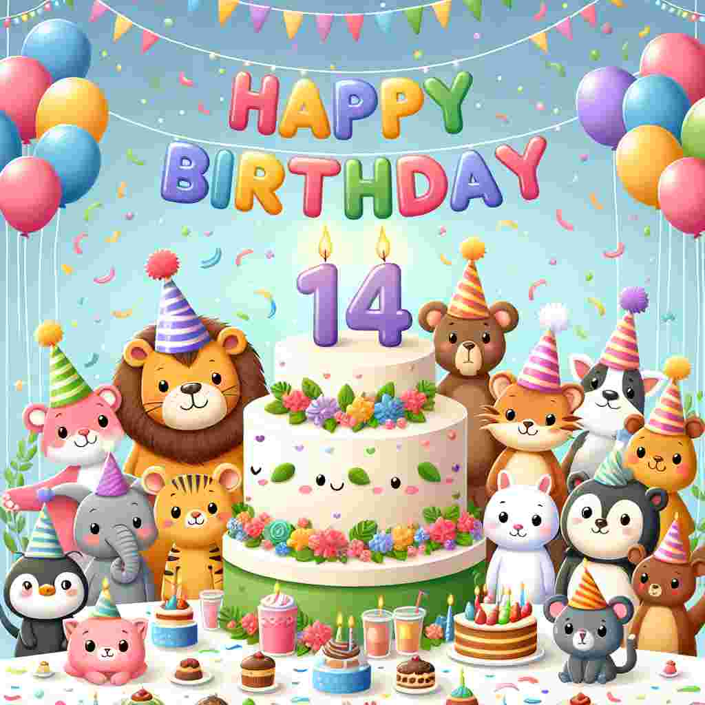 A colorful illustration depicting a group of cute animals gathered around a large '14' shaped cake, with a kids' birthday party theme in the background. Balloons and confetti float around as the animals wear party hats. The words 'Happy Birthday' are prominently displayed at the top.
Generated with these themes: 14th kids  .
Made with ❤️ by AI.