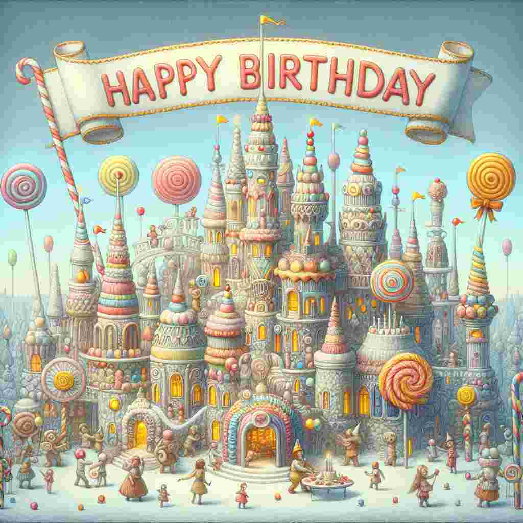 A charming drawing featuring a fantasy land with a castle made of sweets, where little characters are hosting a 14th magic-themed birthday party. The 'Happy Birthday' message is woven into a banner that drapes across the castle's towers.
Generated with these themes: 14th kids  .
Made with ❤️ by AI.