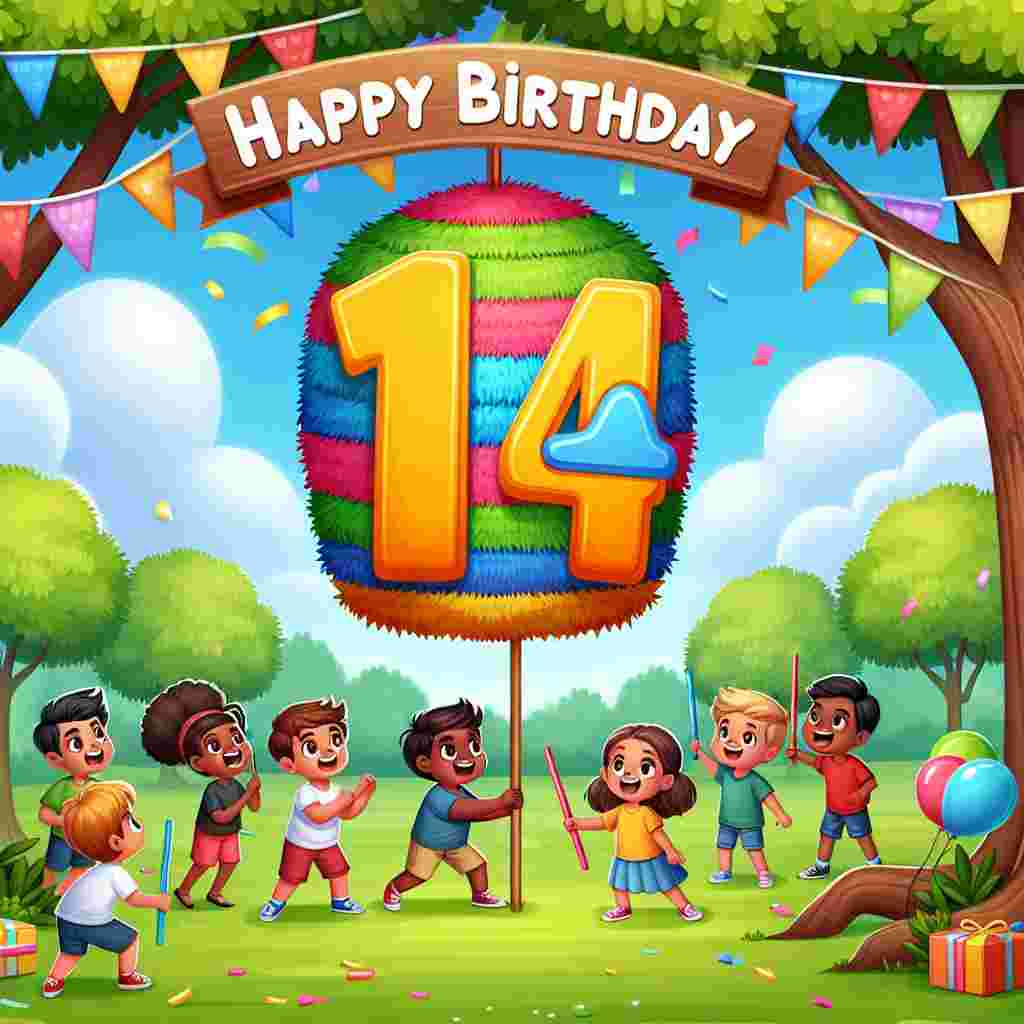 An adorable scene set in a park with cartoon kids playing games and a big '14' pinata hanging from a tree. All are excited and ready to celebrate the 14th birthday. The 'Happy Birthday' greeting is written across the sky in cloud-like letters.
Generated with these themes: 14th kids  .
Made with ❤️ by AI.