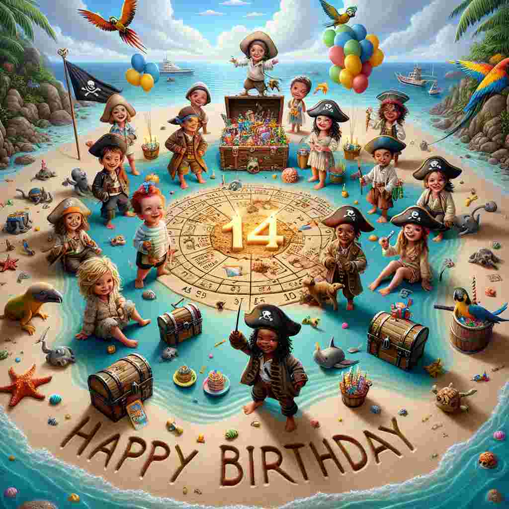 A whimsical doodle of a treasure island where x marks the 14th spot, surrounded by kid pirates celebrating with treasure chests full of toys and candy. Parrots and friendly sea creatures join in the fun with 'Happy Birthday' inscribed in the sand.
Generated with these themes: 14th kids  .
Made with ❤️ by AI.