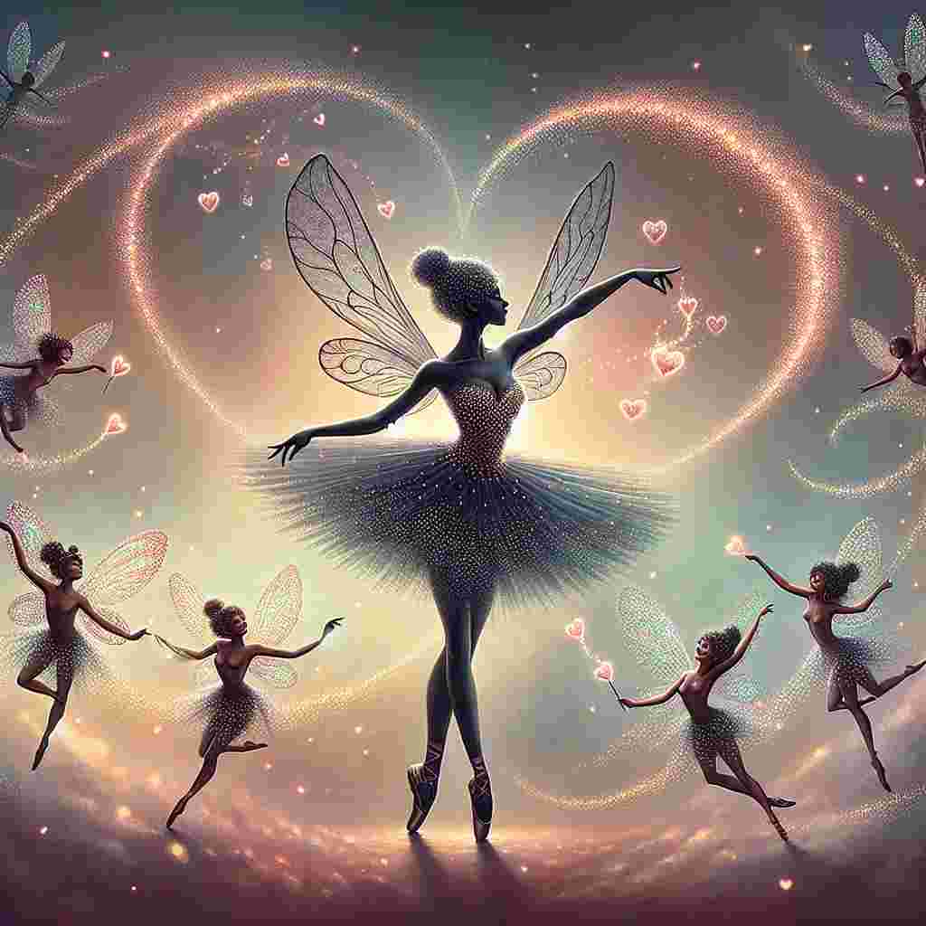 Create an enchanting Valentine's Day scene. At the center, a Black female ballet dancer strikes an elegant pose, her tutu adorned with tiny, radiant hearts. Around her, a group of mischievous fairies with gossamer wings, reflecting the soft hues of dawn, flutters. These sprites weave through the air, trailing magic dust that forms intricate heart patterns in their wake. The depicted scene should exude a whimsical and love-filled atmosphere, serving as the perfect tribute to a day devoted to celebrating affection.
Generated with these themes: Ballet dancer, and Fairies.
Made with ❤️ by AI.