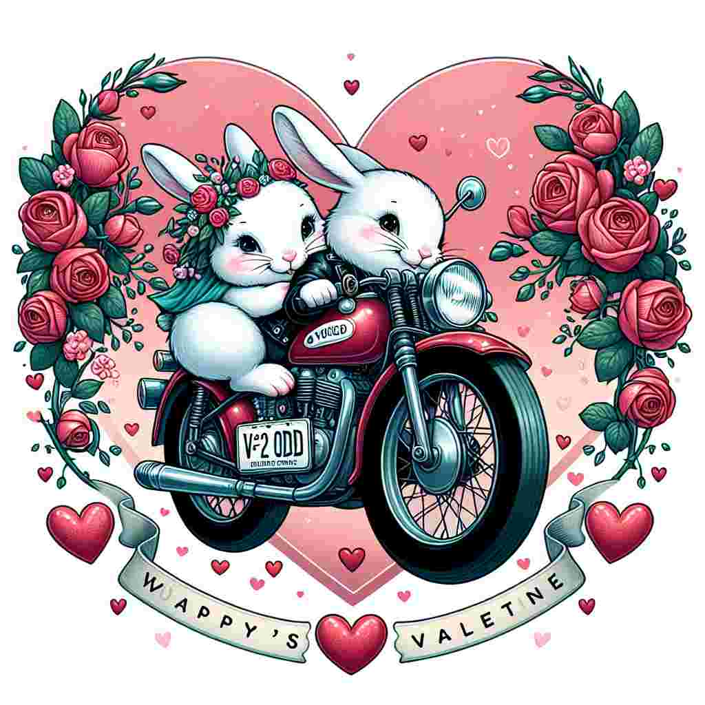 Create a Valentine’s Day themed illustration of two adorable bunnies cuddling together on a classic-looking motorbike. The motorcycle should assertively boast a custom license plate reading 'V2 ODD'. The setting is enveloped in a whorl of dainty hearts and bright red roses to spark feelings of love and adoration. All this should be encapsulated within a heart-shaped frame to truly encapsulate the spirit of Valentine’s Day.
Generated with these themes: Harley Davidson motorcycles registration V2 ODD.
Made with ❤️ by AI.